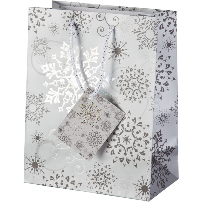 Geschenktasche - silber - Schneeflocken - 18 x 23 x 10 cm