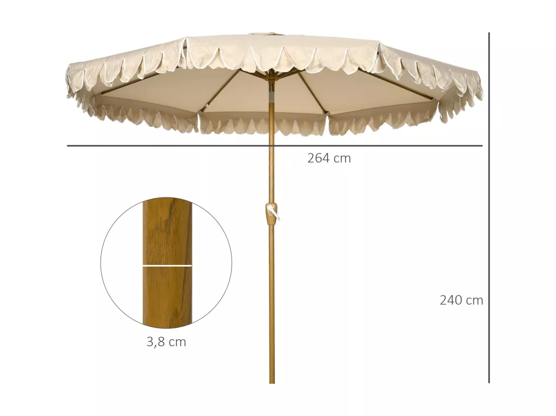 Parasol octogonal inclinable Ø 2,65 x 2,35H m mât acier aspect bois polyester haute densité 180 g/m² beige