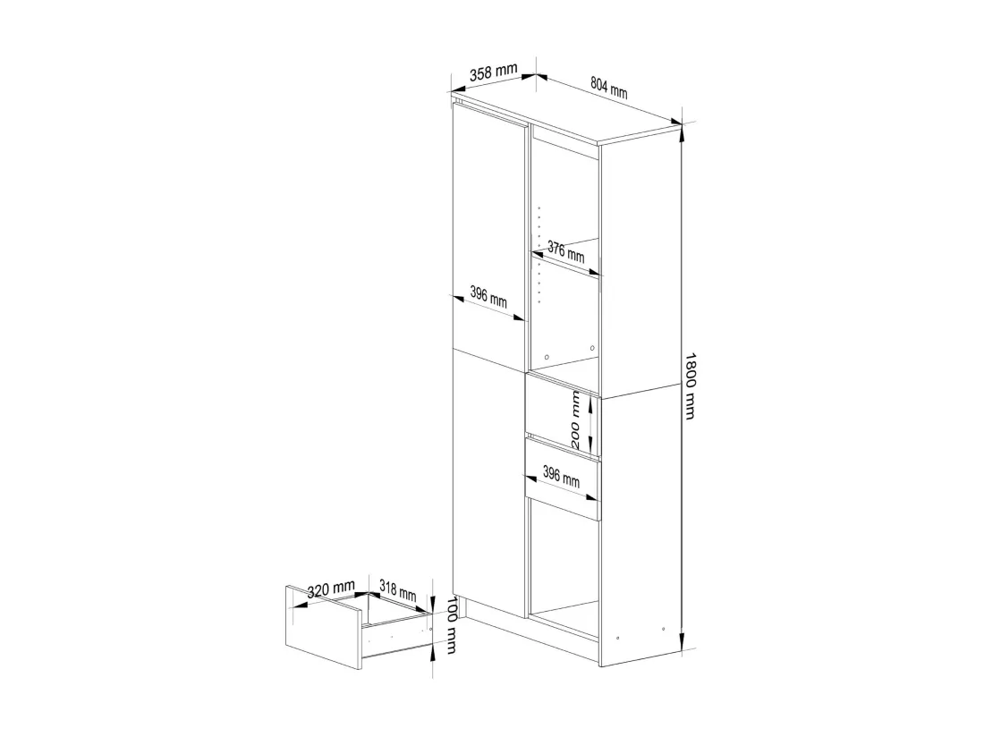 Bibliothèque de bureau AKORD R15 Blanche 80 cm 1 porte 2 tiroirs façade Chêne Sonoma mat 7 étagères 80x35x180 cm