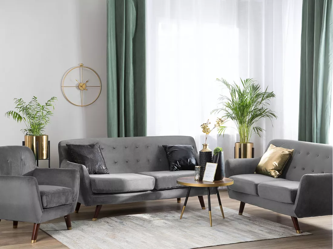 Ensemble canapés et fauteuil en velours gris 6 places BODO