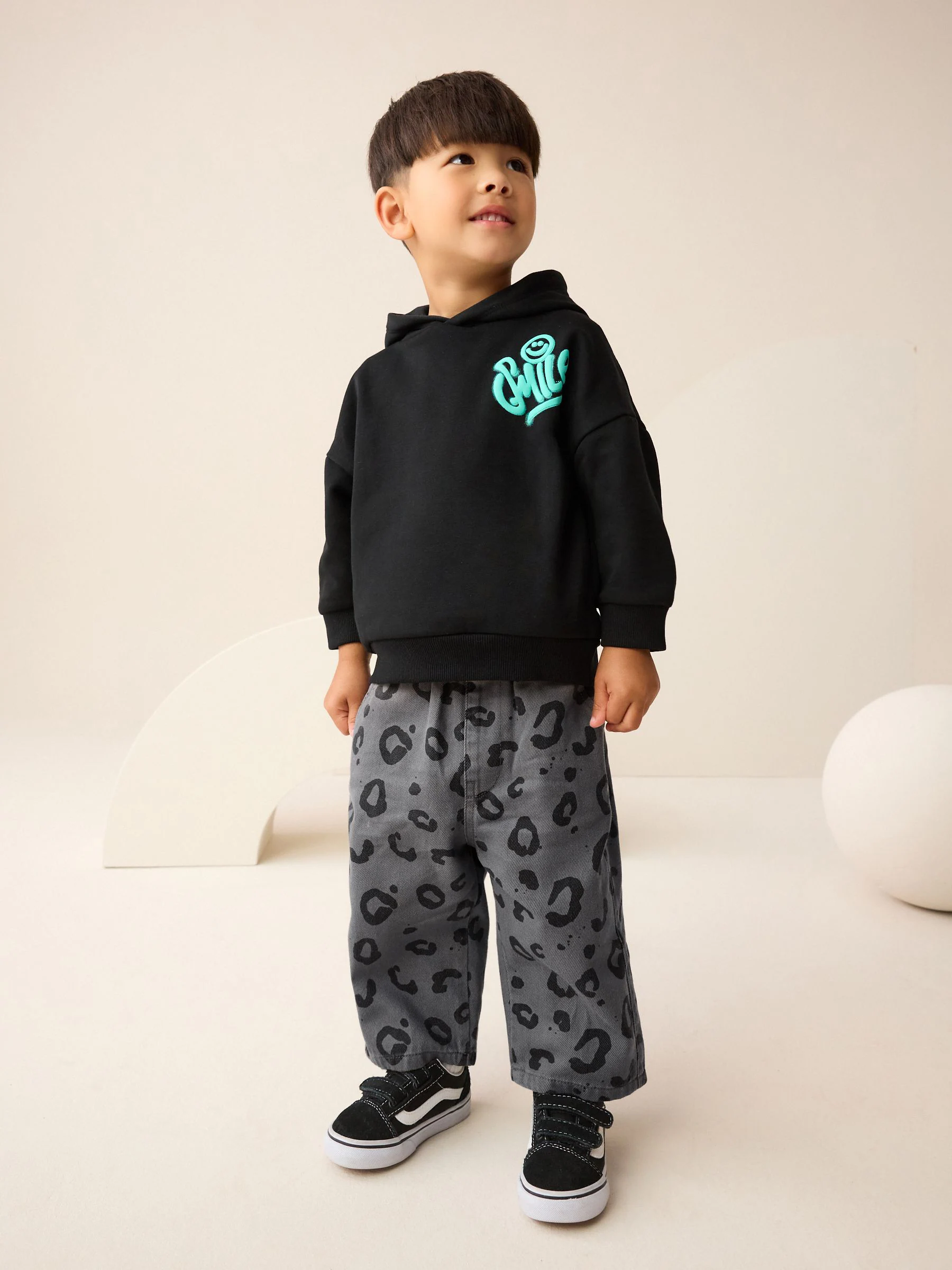 Antracietgrijs luipaardprint - Wijde broek met elastische taille (3mnd-7jr)