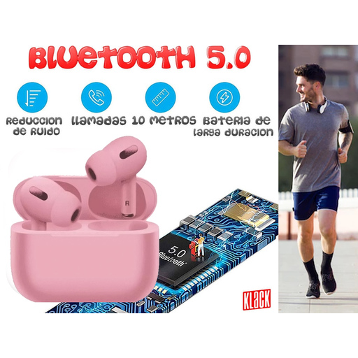 Fones de ouvido Bluetooth sem fio Klack com estojo de carregamento e capa protetora.