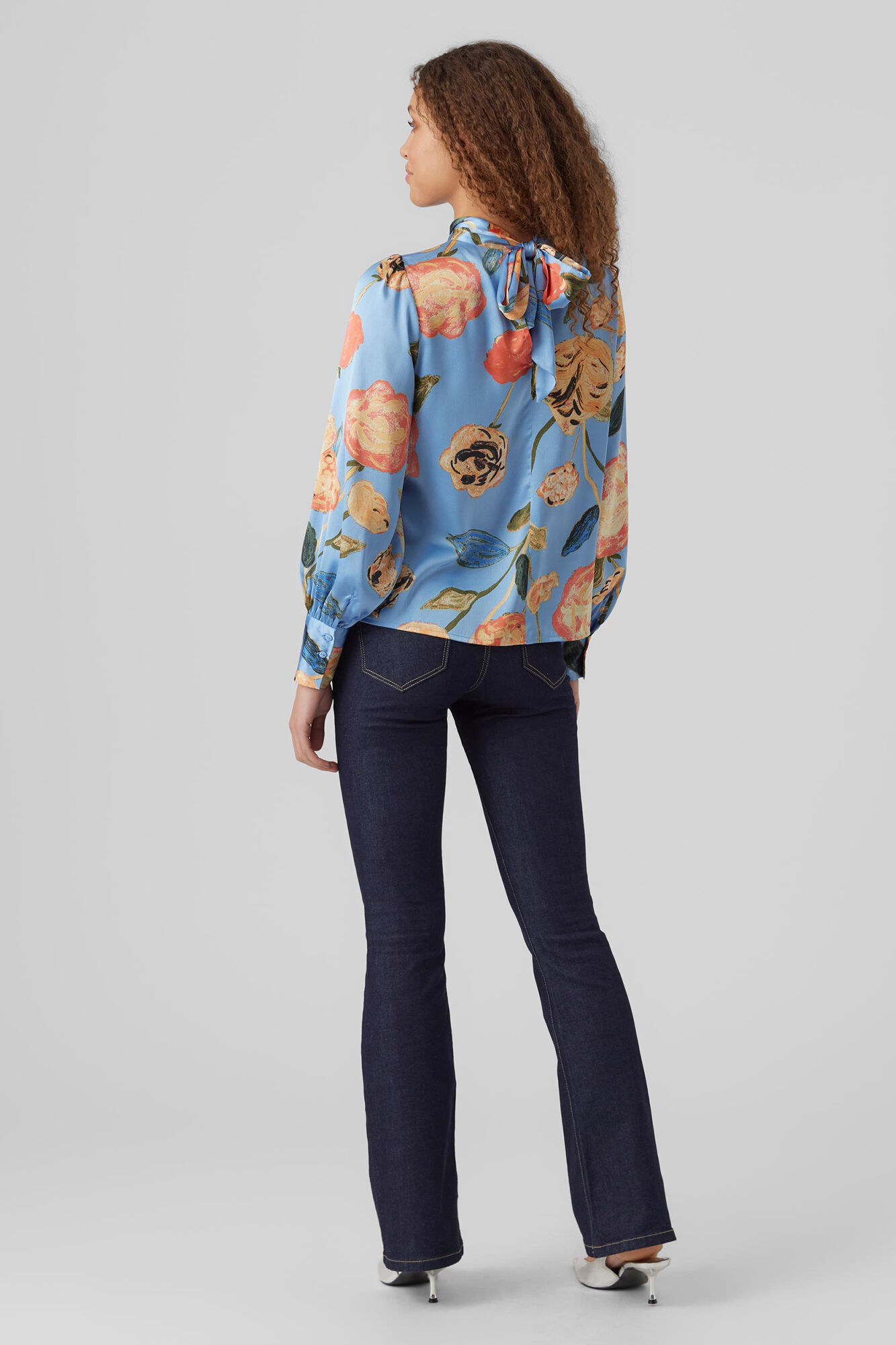 Blusa de cetim de manga comprida - Azul