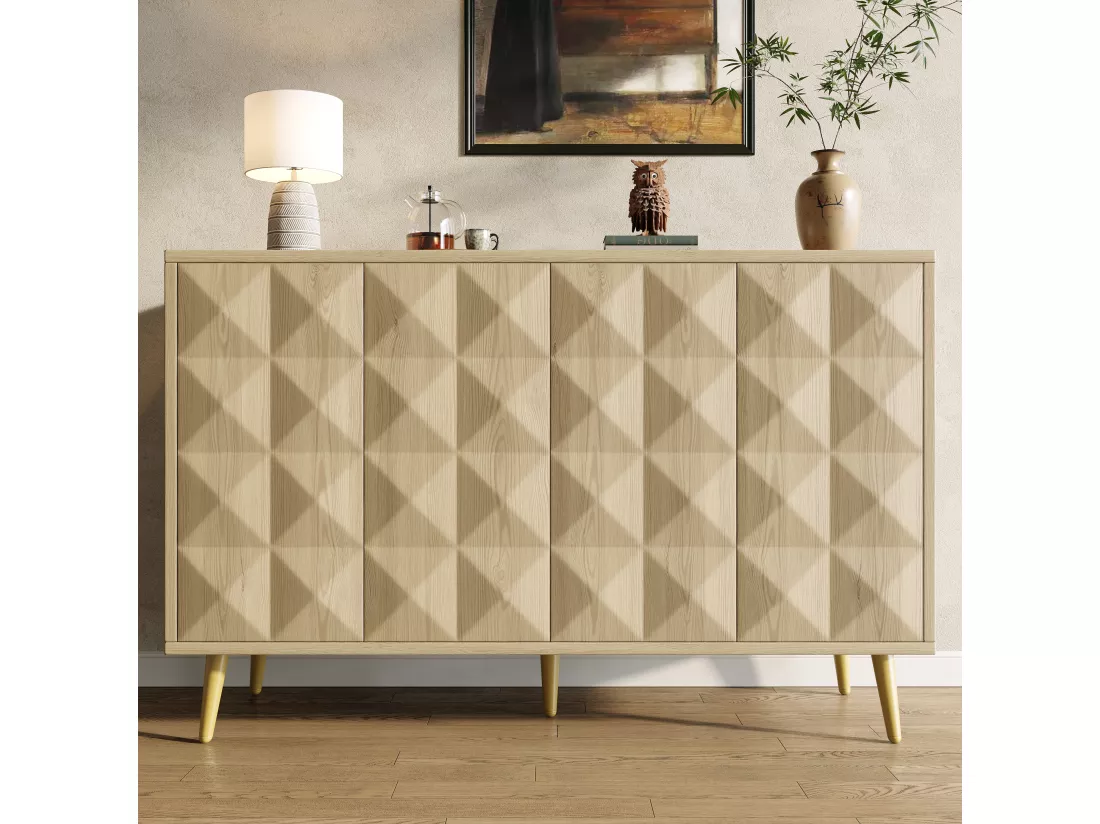 Buffet avec 4 portes gaufrée - 120 x 35 x 78 cm - MDF - pour salle à manger et salon - Naturel