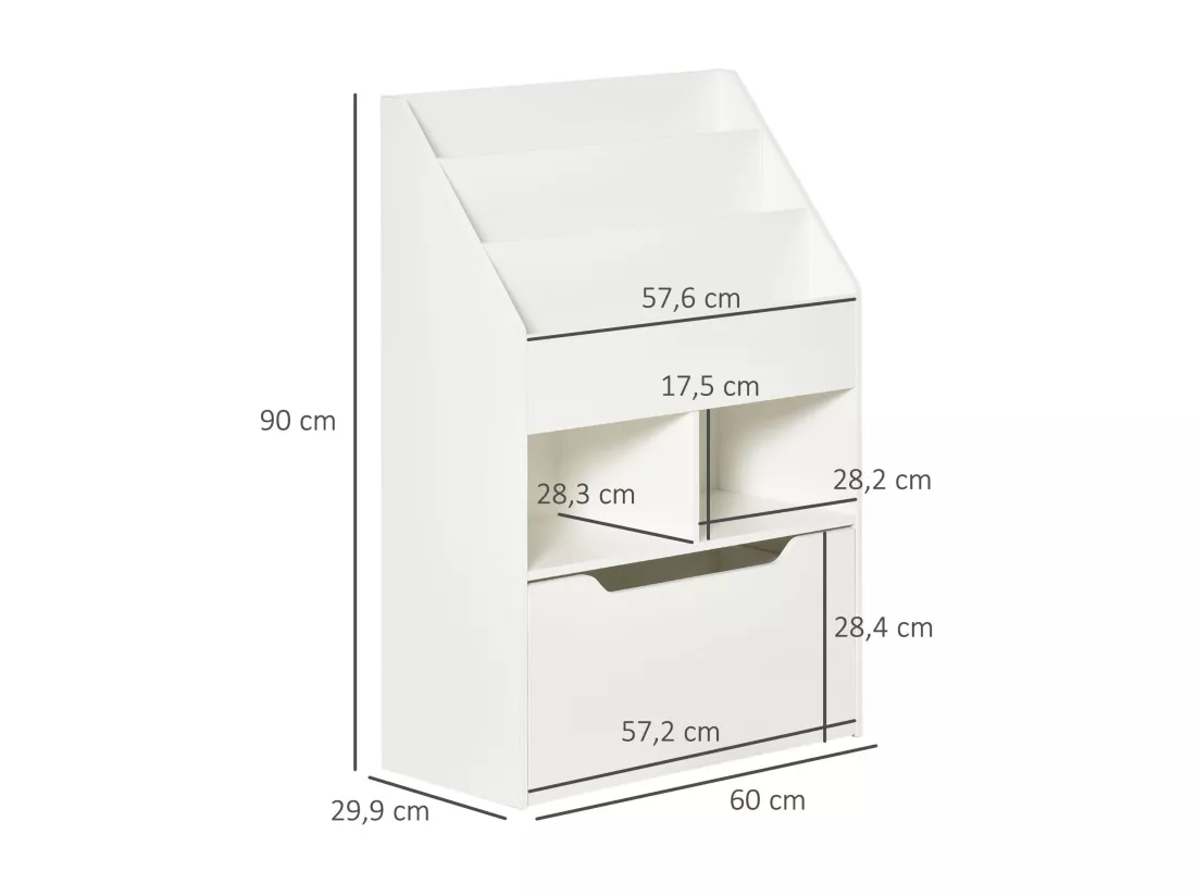 Bibliothèque étagère multi-rangement 3 étagères 2 niches grand tiroir MDF blanc