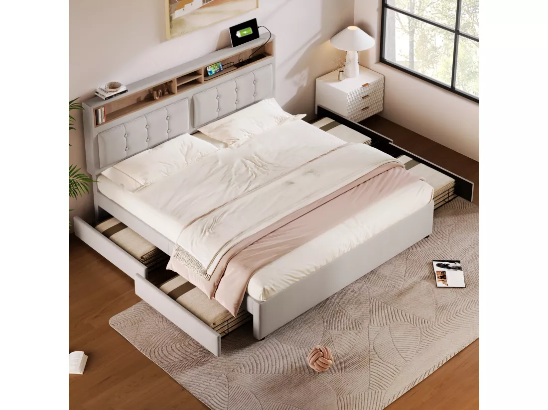 Lit Double Avec 4 Tiroirs Et Prise Usb C - 160 X 200 cm - Tête De Lit Réglable En Hauteur - Sommier À Lattes En Bois - Sans Matelas