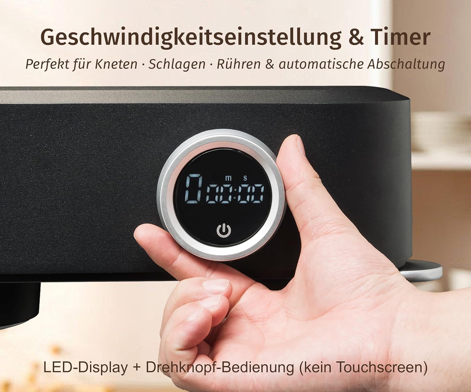 Küchenmaschine, Knetmaschine für Brotteig,Ganzmetallgehäuse,8 Stufen mit Timer,5 L Schüssel, 4 Edelstahl-Aufsätze: Flachrührer, Flexi-Rührer, Knethaken, Schneebesen & Sichtdeckel (Schwarz)