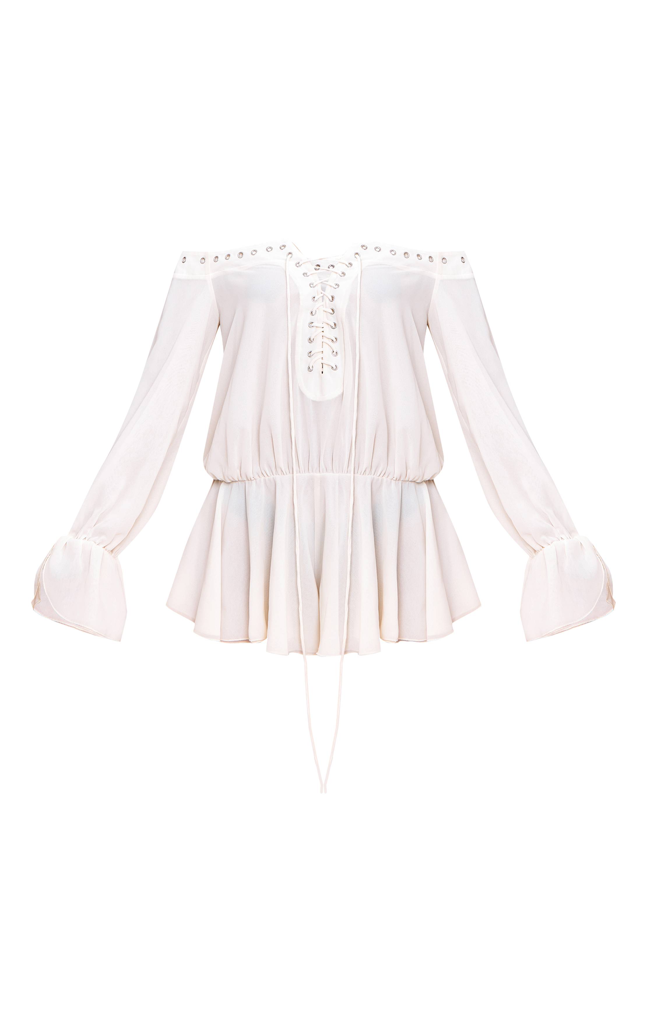 Crème Combishort Fluide Bardot En Mousseline À Manches Longues
