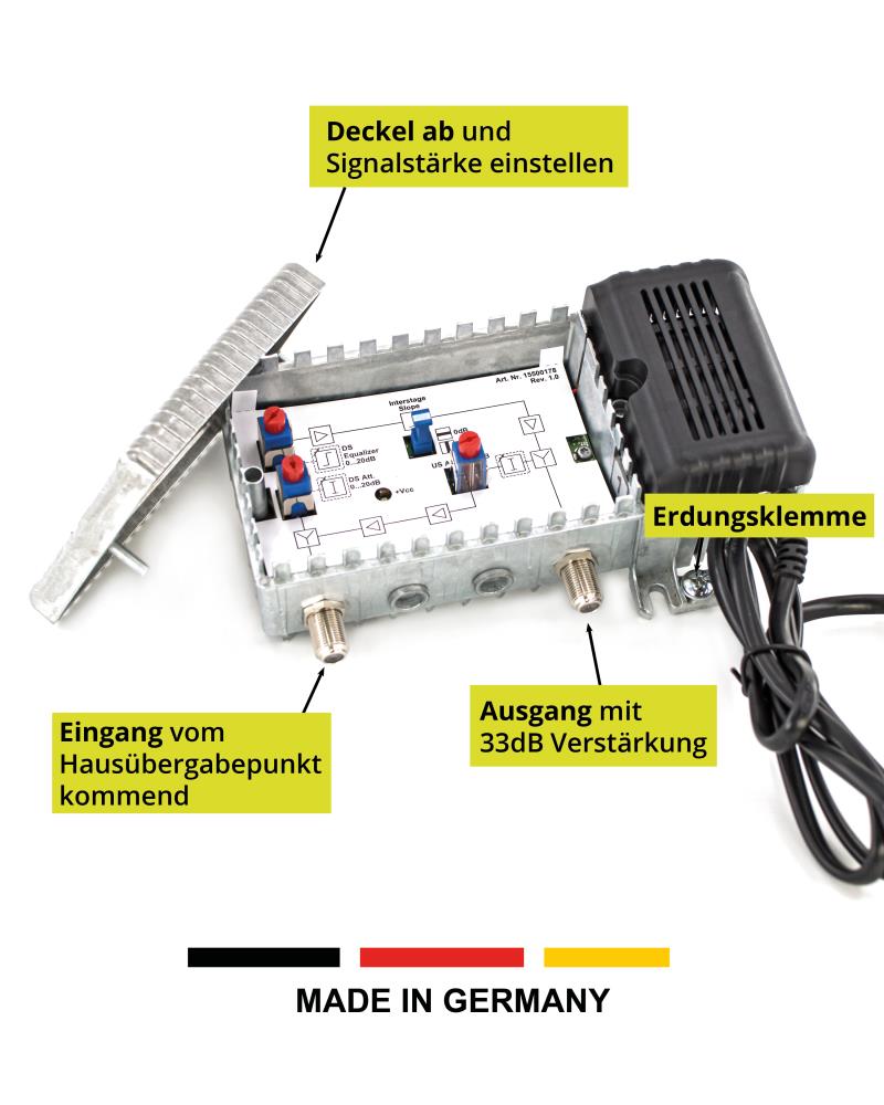 Antenneversterker voor kabeltelevisie, 33 dB versterking met 1 GHz retourkanaal, DVB-T2, DVB-C thuisversterker, kabelversterker