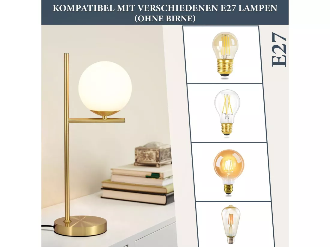 NETTLIFE lampe de table salon moderne de chevet - en verre blanc douille E27 industrielle avec interrupteur pour chambre bureau