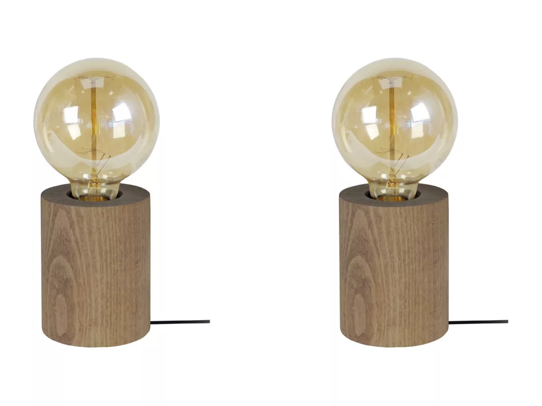 Pair de Lampes de chevet cylindre bois foncé 21 cm.