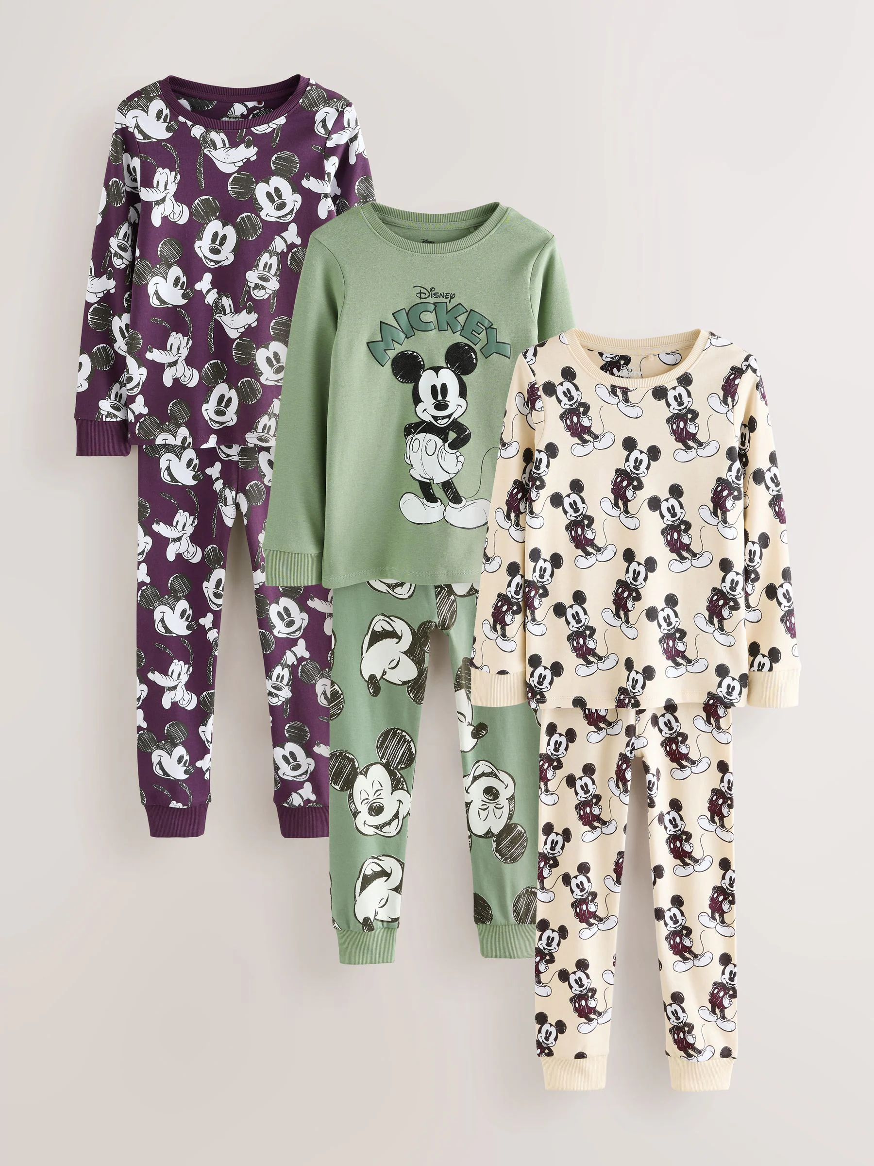 Groen/Ecru Mickey Mouse - Gelicentieerde knusse pyjama's 3 pack (9mnd -10jr)
