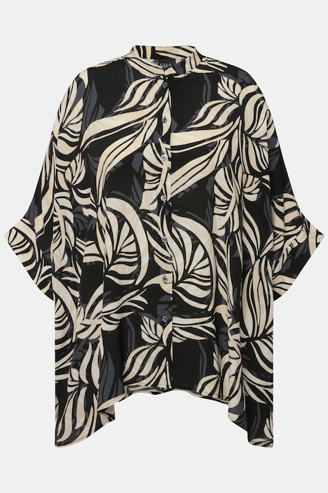 Bluse, Blätter, Oversized, Rundhals, Halbarm