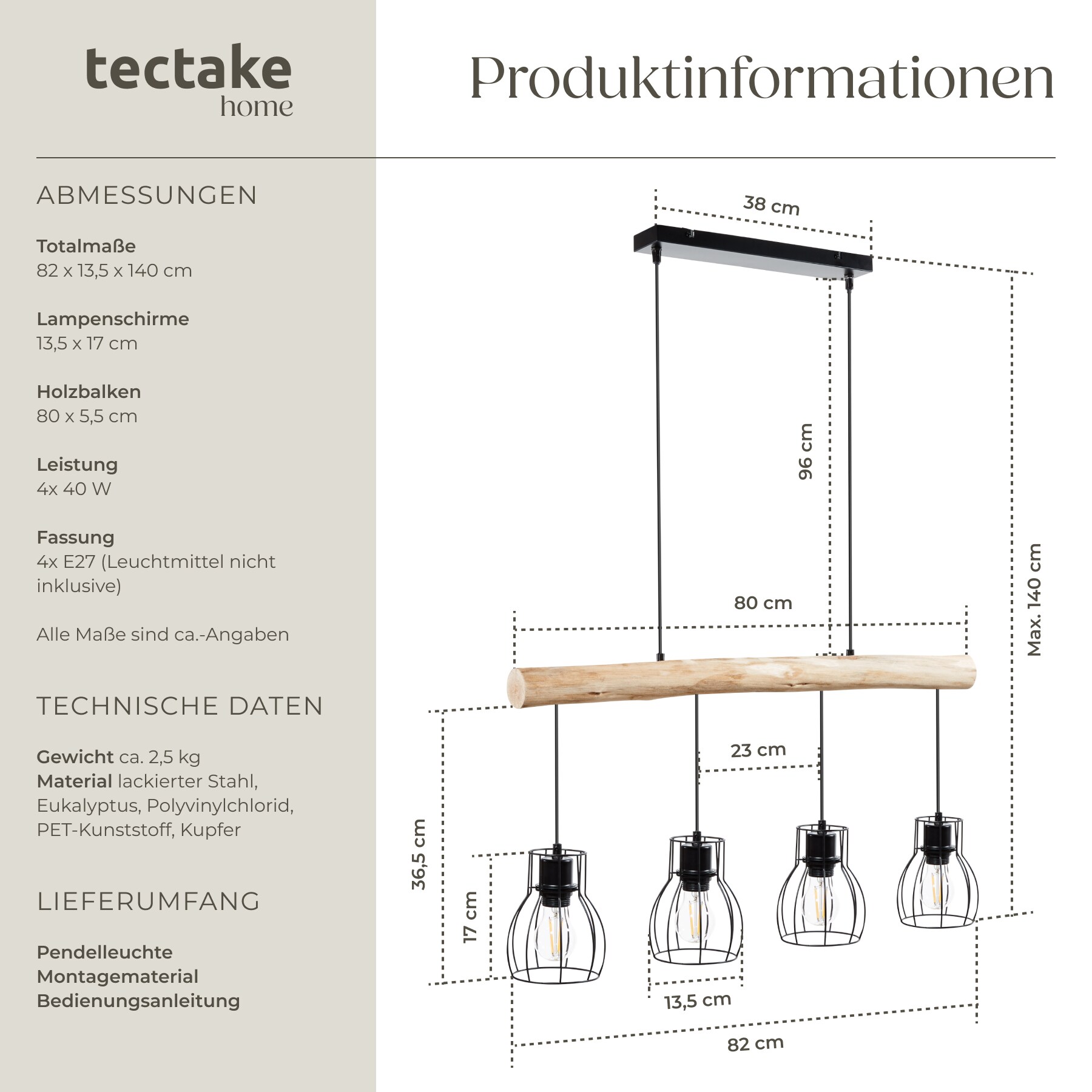 tectake® Pendelleuchte, 4-flammig, 4x E27, 40 W, massiver Holzbalken, Gitter-Lampenschirme, 82 x 13,5 x 140 cm