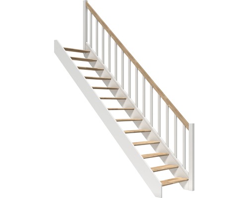 Pertura Elenie eikenhouten trap zonder stootborden, gelakt, recht, 83,5 cm, 14 treden / 15 stootborden, balusterleuning