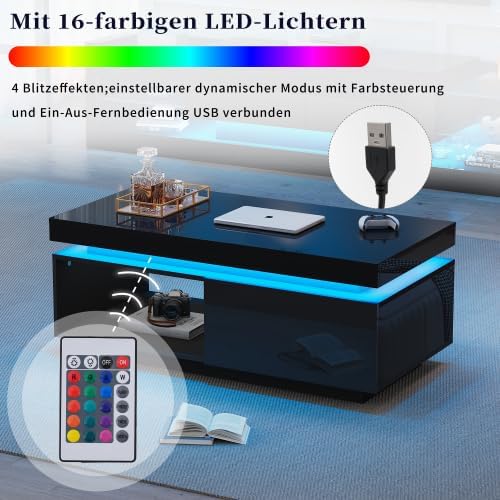 Merax Couchtisch mit LED-Beleuchtung, Hochglanz-Oberfläche, 1 Schublade, 100x50x40 cm, Moderner Sofatisch für Wohnzimmer, Robuster Kaffeetisch, Beistelltisch mit praktischem Stauraum