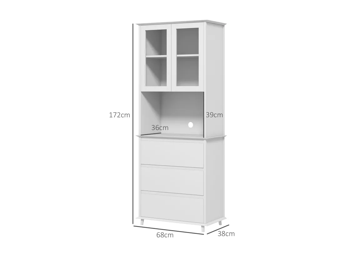 Buffet haut de cuisine 2 portes vitrées étagère niche 3 tiroirs dim. 68L x 38l x 172H cm MDF blanc