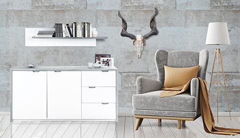 Bruno - Wandgarderobe mit 1 Kleiderstange, 2 Kleiderhaken und 1 praktischen Ablage, Beton Optik mit weisser Rückwand