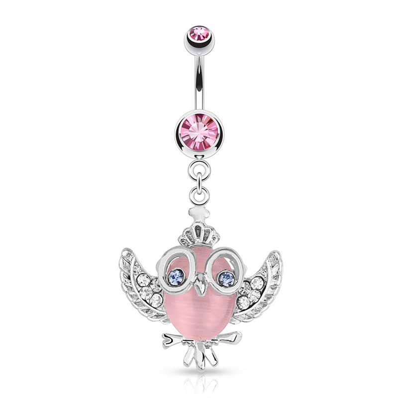 (10mm) 316L Chirurgenstahl Bauchnabelpiercing Gewindeverschluss Eulen Anhänger - Silber / Rosa