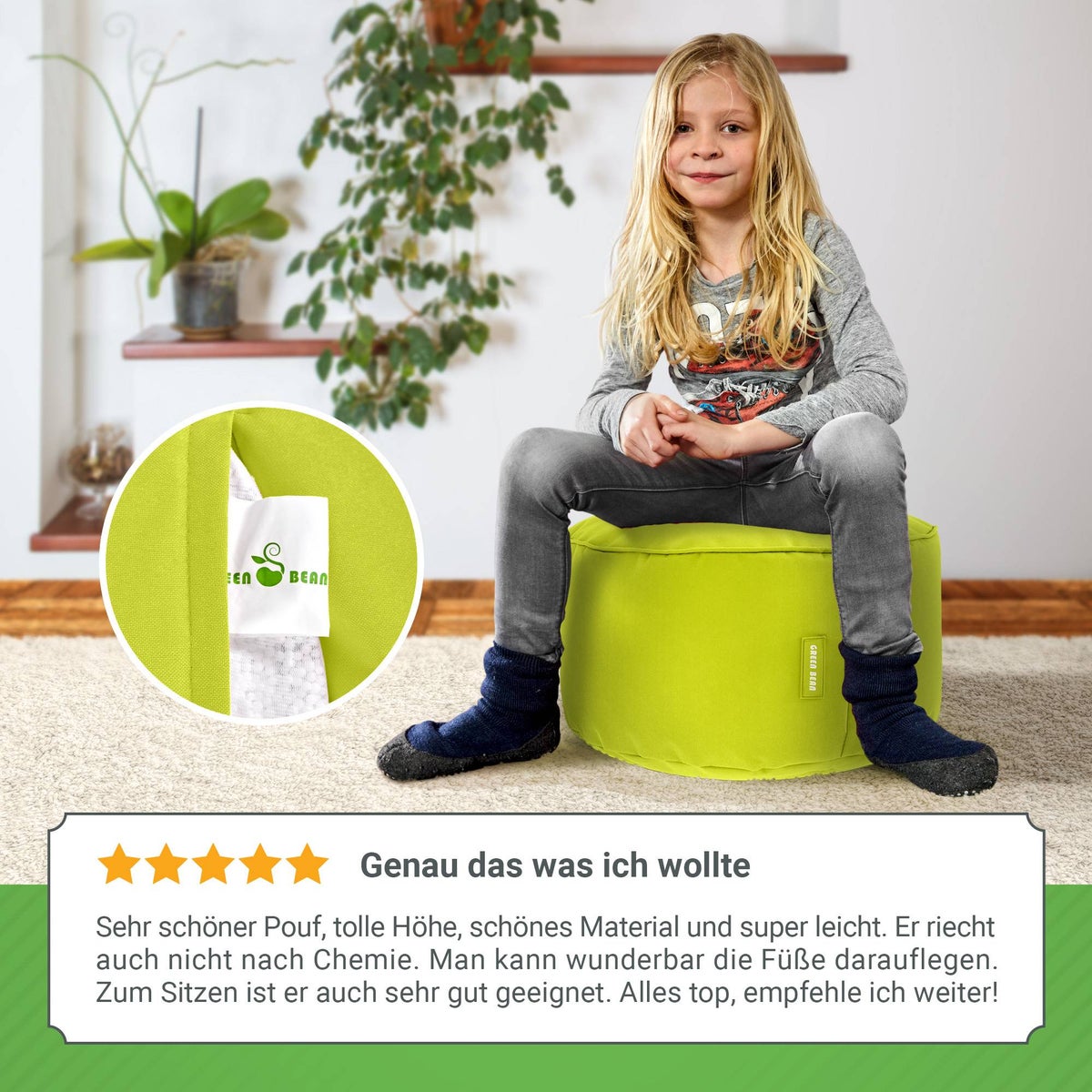 Groene Bonen Zitzak Kruk 45x25cm met EPS-korrelvulling - Voetenbank Voetkussen Zitpoef voor Zitzakken - Vloerkussen voor Kinderen en Volwassenen - Voetsteun Zitkussen Zitkruk Lichtgroen