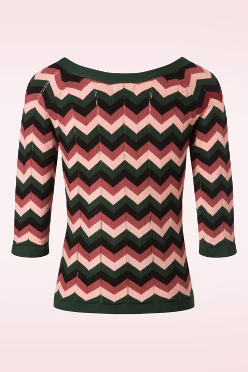 Banned Retro Zooey Zig Zag Bow Top in groen en roze