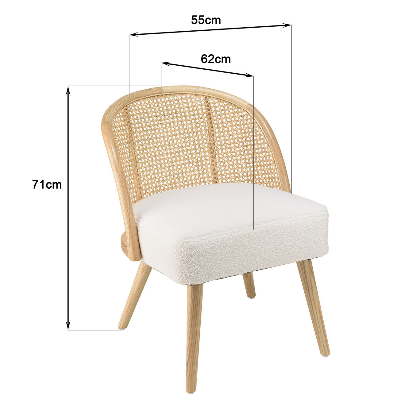Macabane Chaise basse en bois d'Hévéa tissu bouclette Albane blanche - 55x62x71 cm