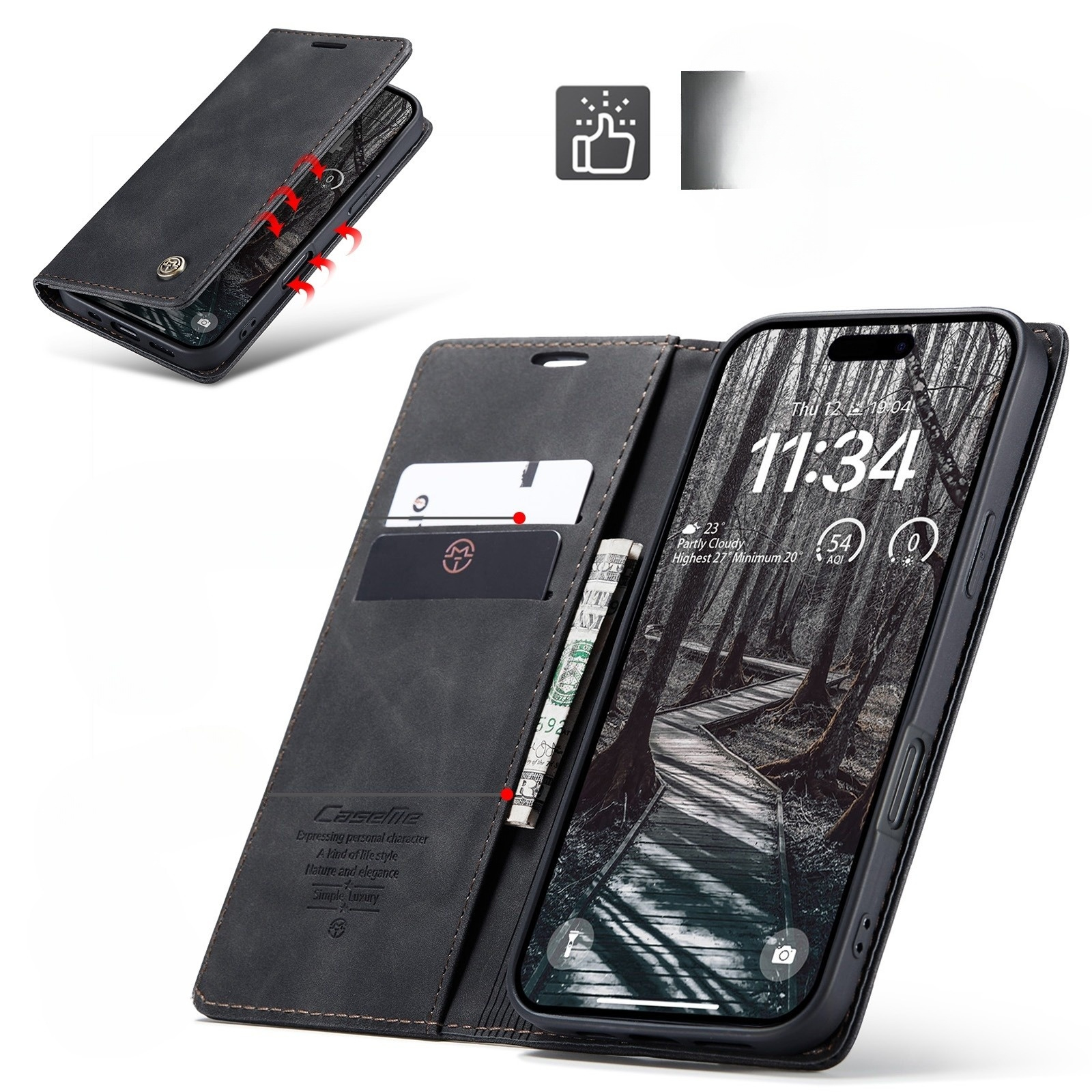 iPhone 17 Pro Leder Tasche Flip Wallet Etui mit Kartenfächern - Schwarz