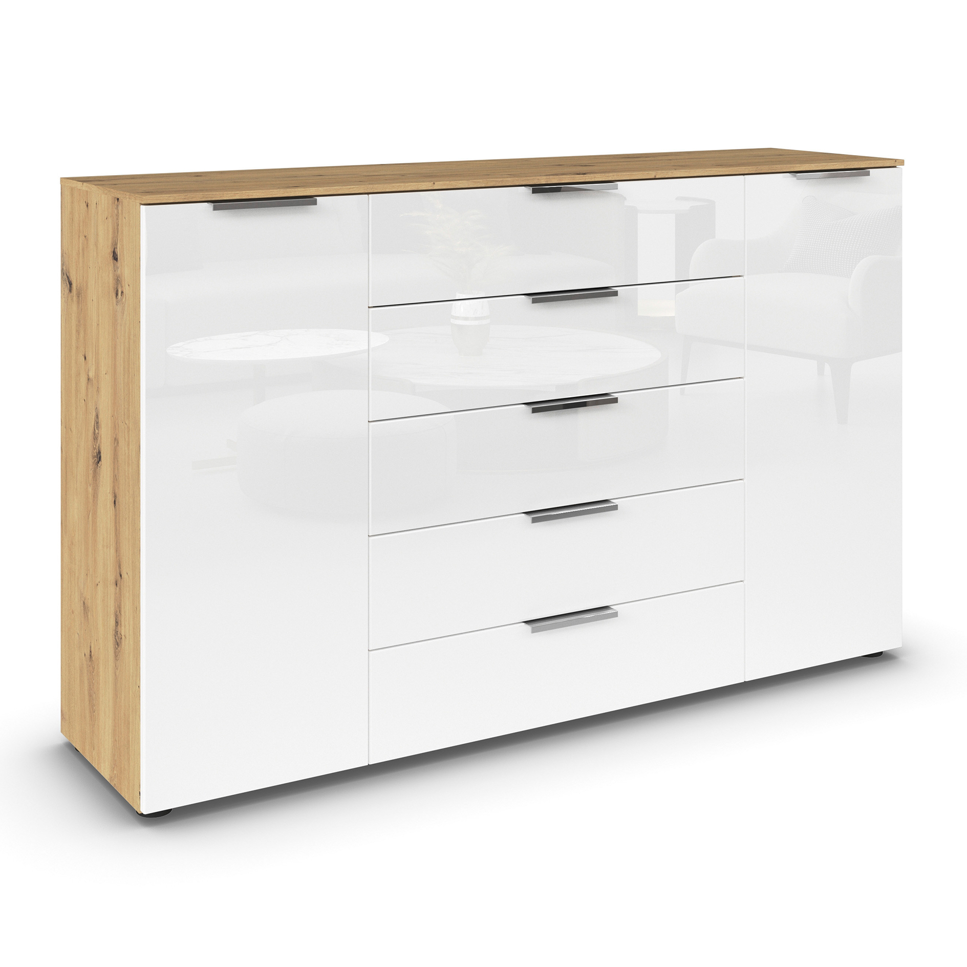 Kommode - Artisan Eiche-Kristallweißglas - Chromgriffe - 160 cm