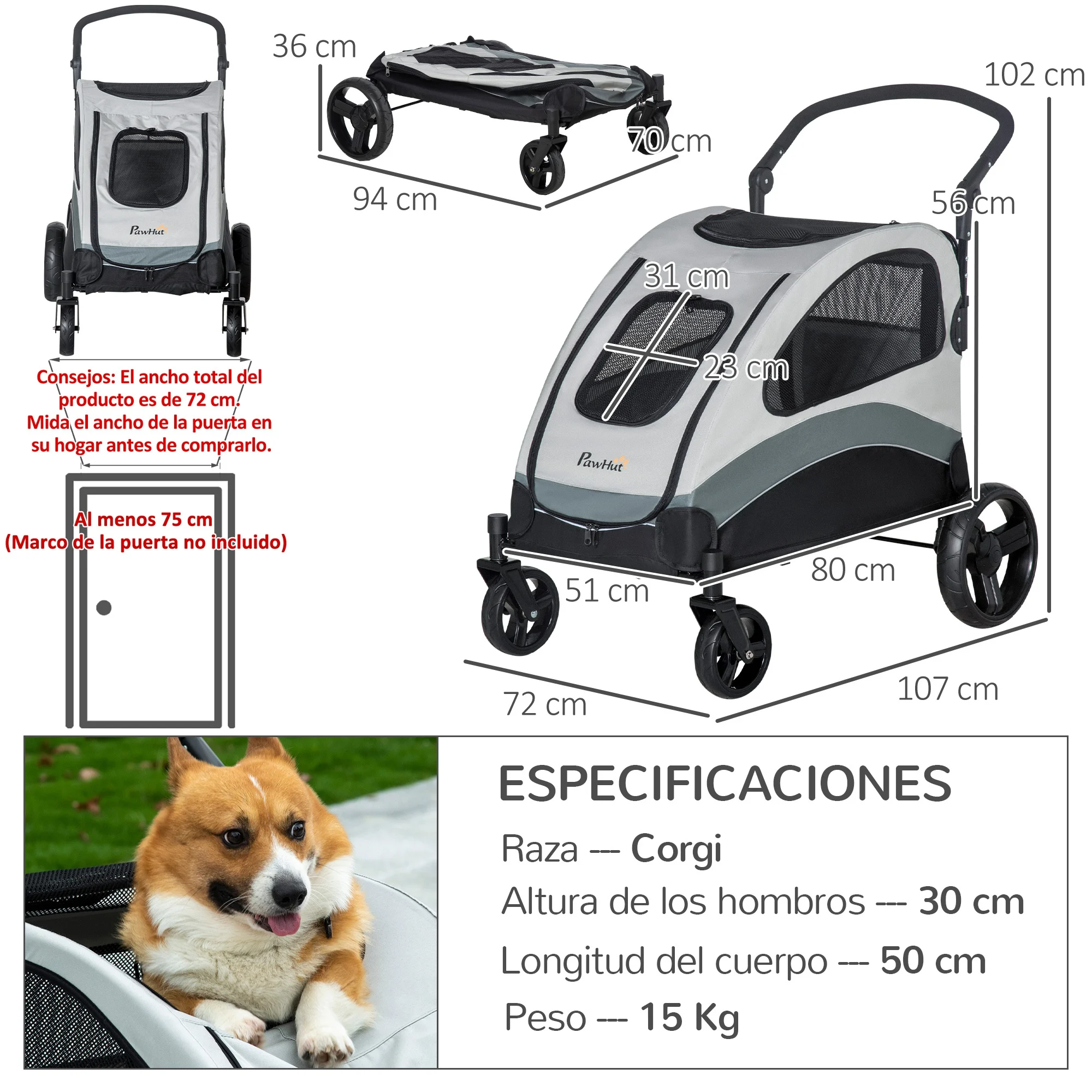 Carrinho de passeio dobrável para cães PawHut