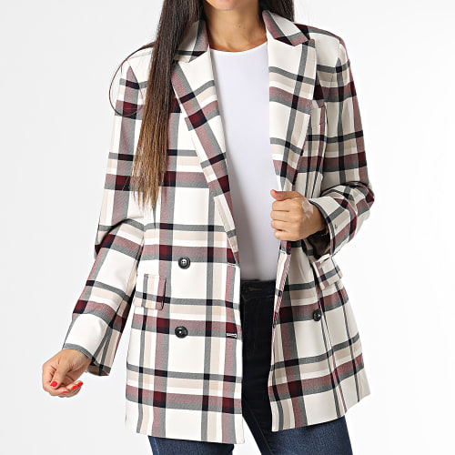 Veste Blazer A Carreaux Femme Global Stripe Check 0052 Beige Bordeaux Noir