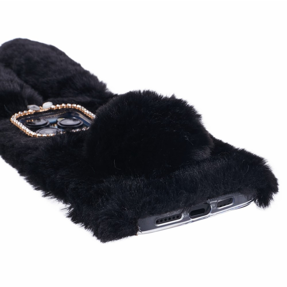 iPhone 15 Pro Max 3D Gummi Plüsch Case Hülle Bunny mit Flauschigen Hasenohren - Schwarz