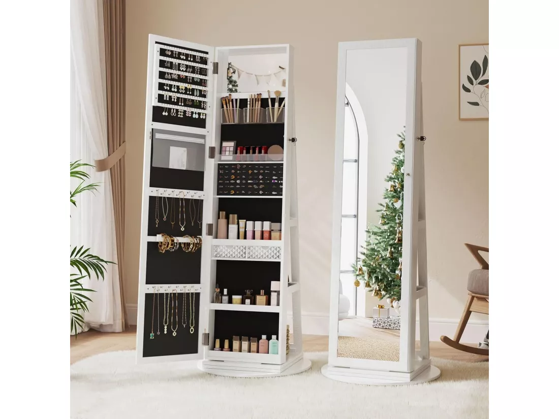 Armoire à Bijoux avec Miroir pivotante à 360°,Meuble de Rangement 3-en-1 pour cosmétiques,Placard beauté,étagères,Serrure,158x38x38cm,Blanc
