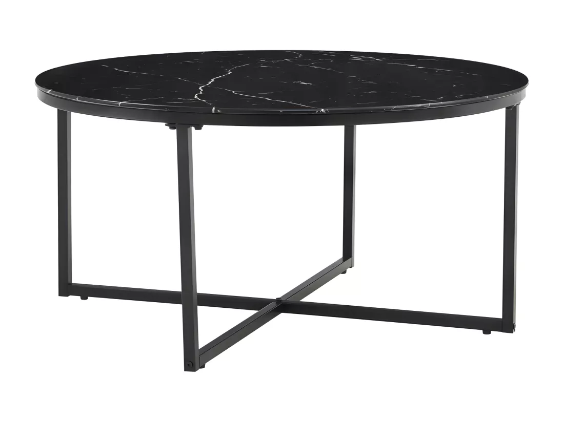 Table basse ronde lorie métal noir plateau en verre marbré noir d90 cm