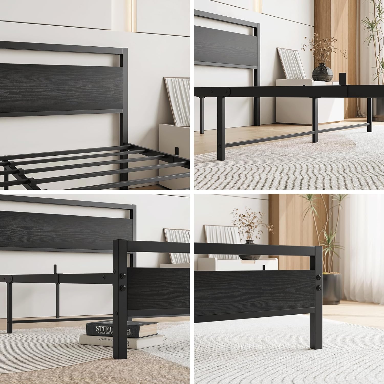 HOJINLINERO Kingsize-Bettgestell mit Kopfteil aus Holz, schwarzes Metallbettrahmen, Kingsize-Basis, solide Plattform-Metalllattenstütze und Stauraum unter dem Bett, Schlafzimmermöbel für Erwachsene,