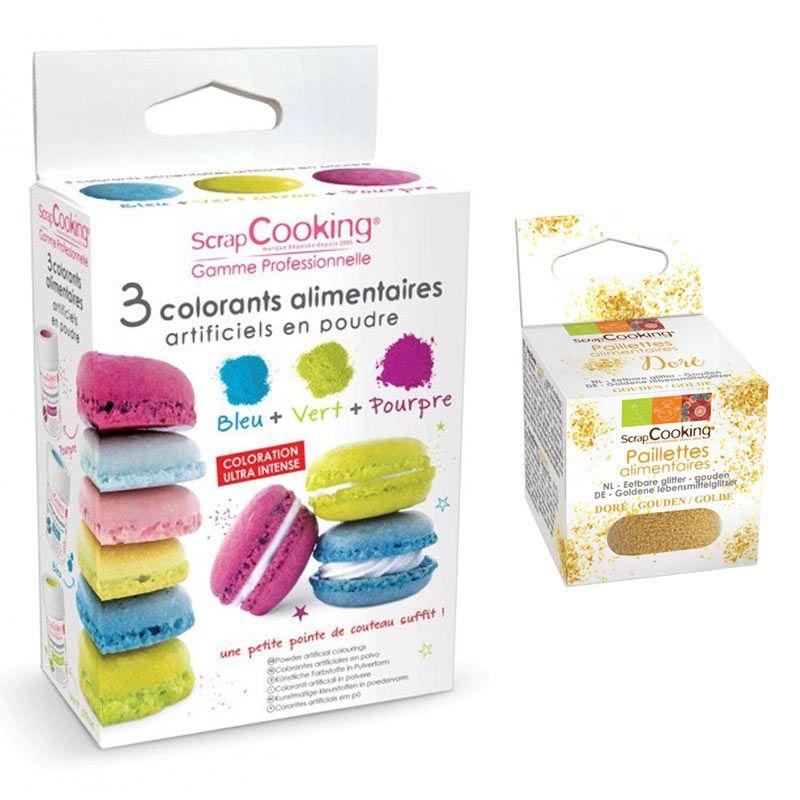 3 colorants alimentaires bleu, vert, pourpre + paillettes dorées Scrap