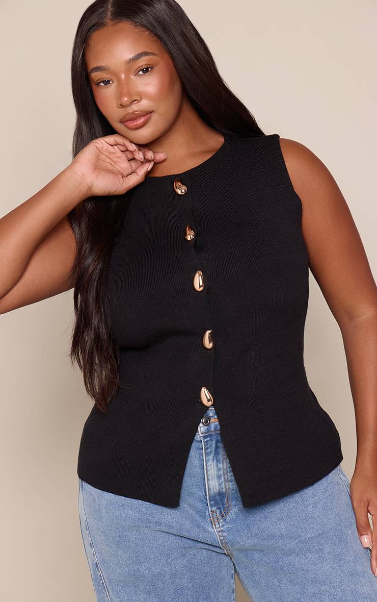 Noir Gilet Grande Taille En Maille Compacte Boutonné