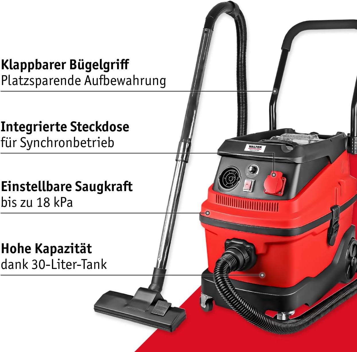 WALTER Industriestaubsauger 3-in-1 mit Wasserfilter, 1600 W, 230 V, Nass- & Trockensauger, mit Steckdose für Synchronbetrieb, Starke Saugleistung bis zu 18 KPa, inkl. umfangreichen Zubehör-Set