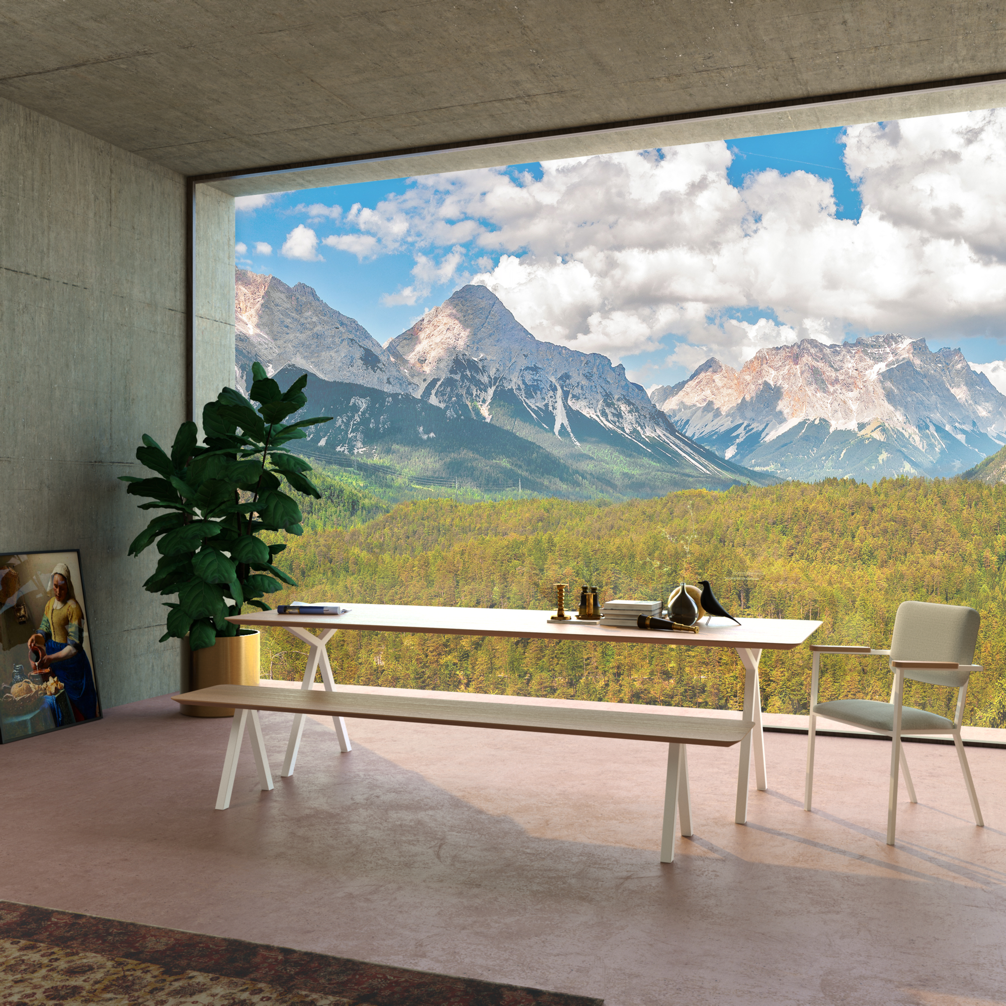 Studio HENK eetkamerbank Slim X Wit Onderstel (Uit voorraad leverbaar) 180 x 40 cm, Hardwax Olie 3041, verjongd