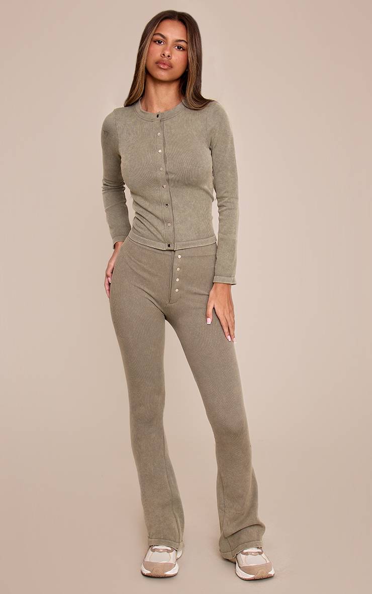 Vert Olive Legging Évasé Côtelé Ajusté À Détails Boutons Petite