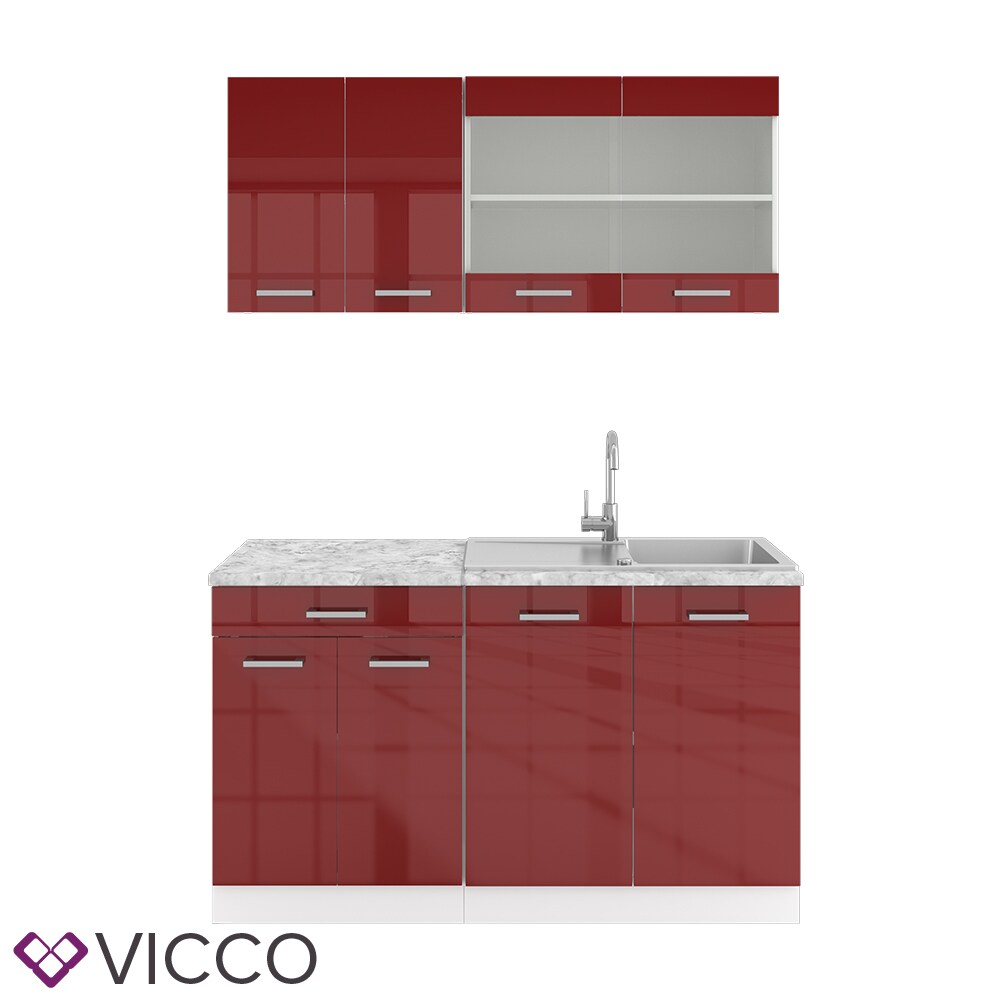 VICCO Küchenzeile SINGLE Einbauküche 140 cm Küche Rot Bordeaux Hochglanz R-LINE