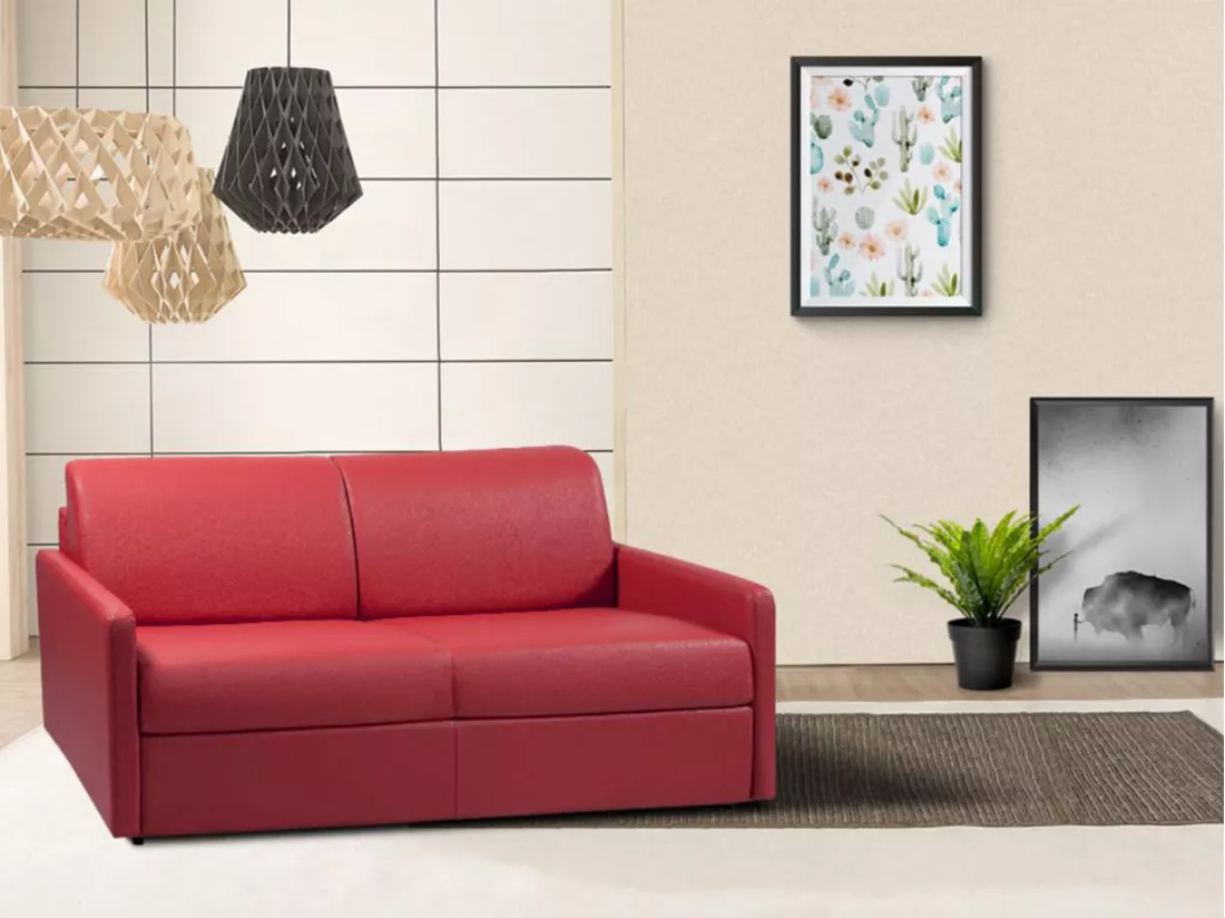Canapé 3 places convertible express en simili rouge - Couchage 140 cm - Matelas 22 cm CALIFE