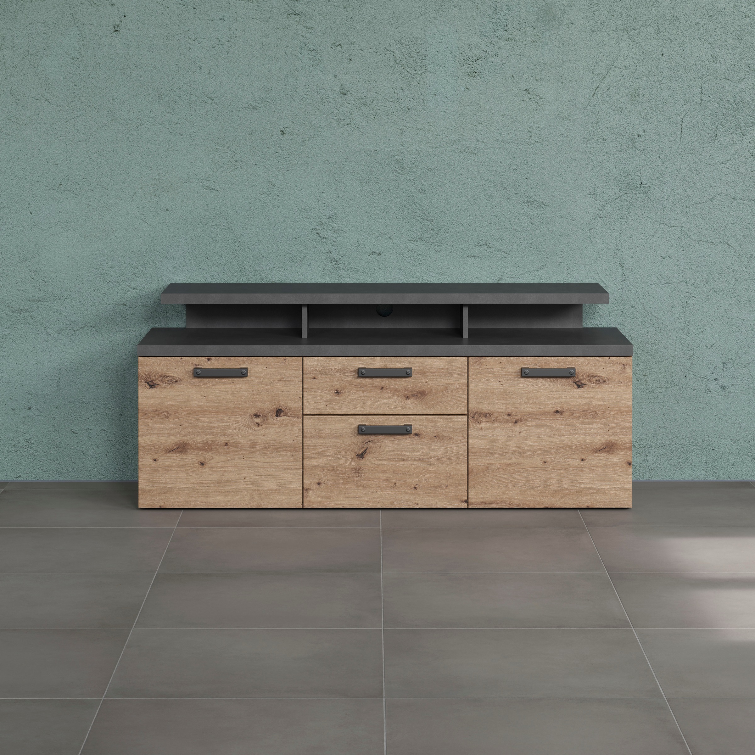 Home affaire TV-Schrank »Ambres« 1 Stk. tlg. Lowboard inklusive Aufsatz in Eiche/Grau - Mit Vollauszug-Funktion
