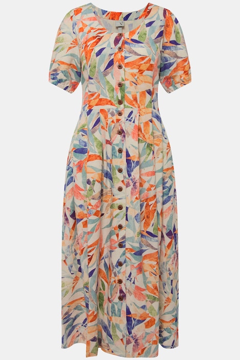 Kleid, Leinenmix, Knopfleiste, Rundhals, Halbarm