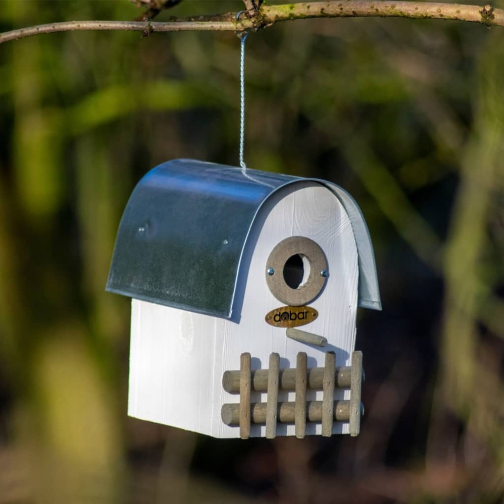 Nichoir à oiseaux ivory avec toit arrondi en zinc blanc/argenté