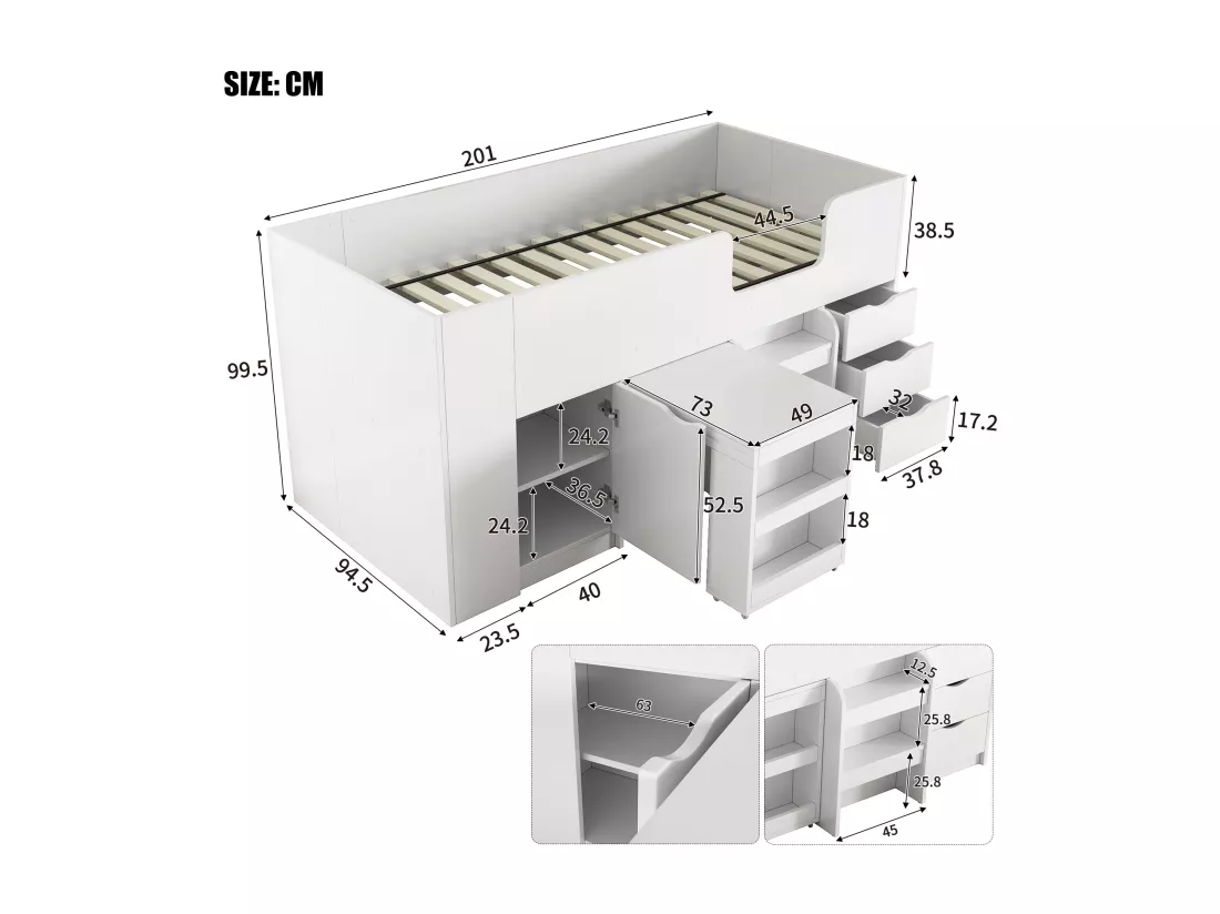 Lit mezzanine 90 x 200 cm avec bureau coulissant, 3 tiroirs et 1 porte - Bois MDF - Blanc (sans matelas)