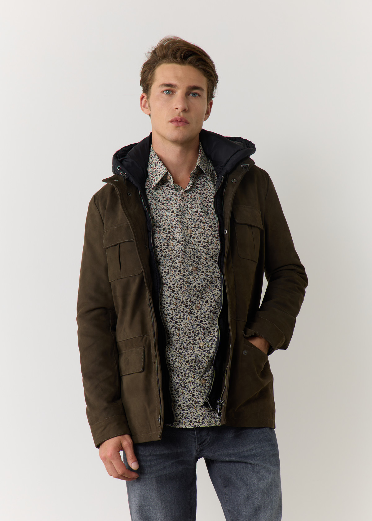 Parka en cuir nubuck uni kaki à capuche amovible