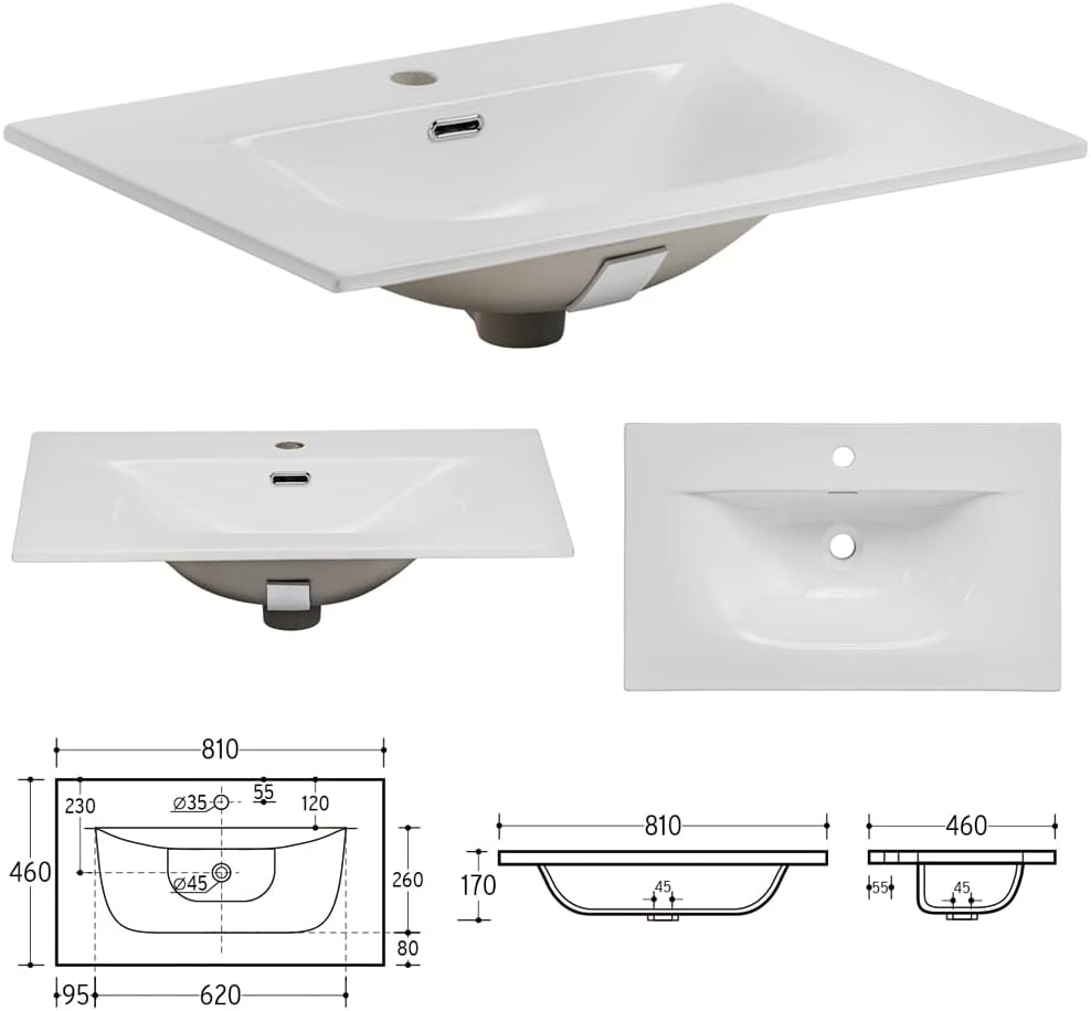 Lomadox Badezimmer Set 3-teilig Waschtisch Unterschrank 80 cm Keramik Waschbecken Spiegel LED Hochschrank anthrazit Wotan Eiche Nb. schwarz Rillen MDF Fronten