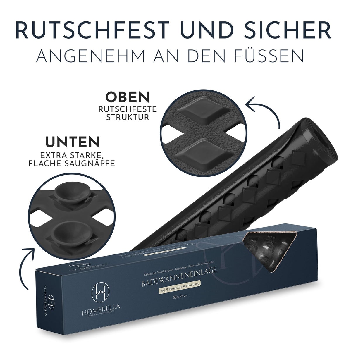 Homerella Antislip Badmat, Huidvriendelijk, 88x39cm, INCL. OPHANGSTANG | Antislip Badmat, BPA-vrij | Schimmelwerende & Machinewasbare Douchemat | Antislip Badmat