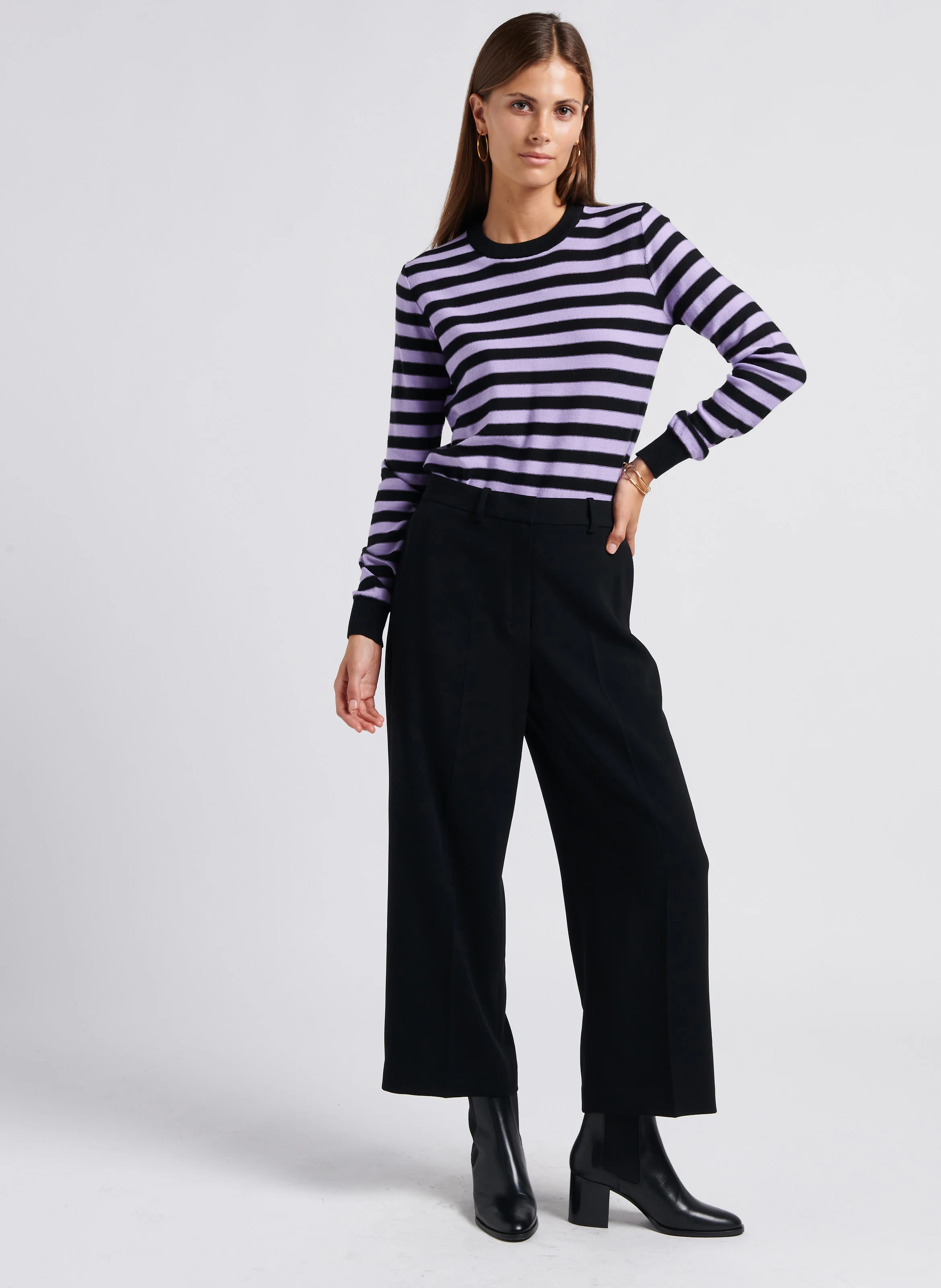 Pull col rond rayé en laine | Noir