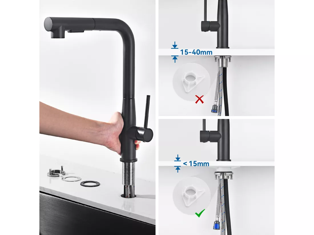 2PCS AURALUM MAX Robinet Cuisine, Mitigeur d'Évier Inox avec Douchette Extractible,2 Modes Jets Eau Froide/Chaude Rotatif à 360° ,Bec en Forme L,Noir
